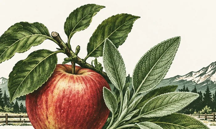 Vintage-style apple and sage botanical illustration